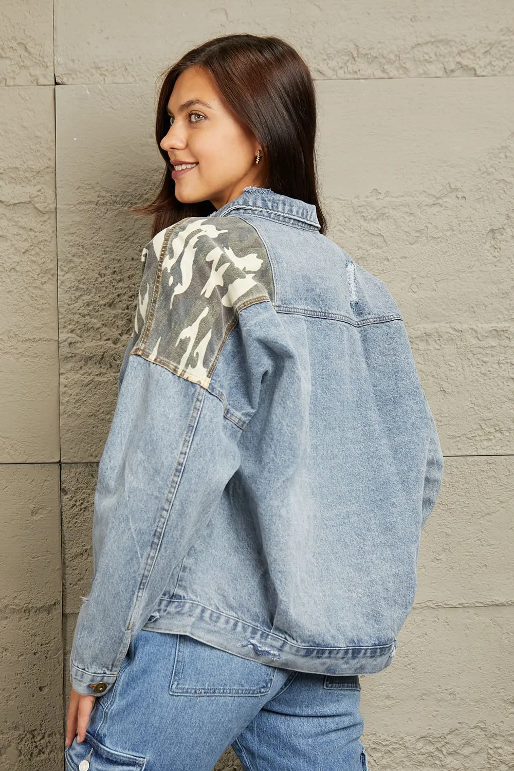 Light Washed Camo Contrast Denim Jacket