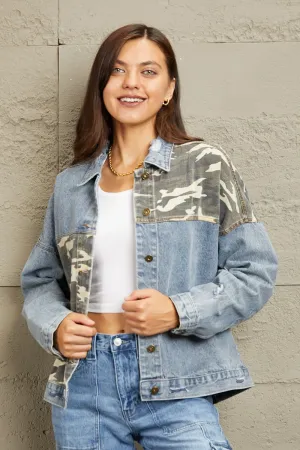 Light Washed Camo Contrast Denim Jacket
