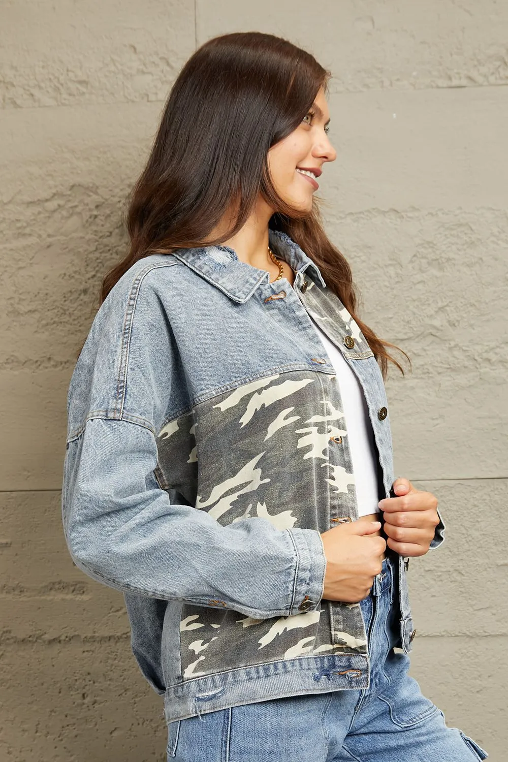 Light Washed Camo Contrast Denim Jacket