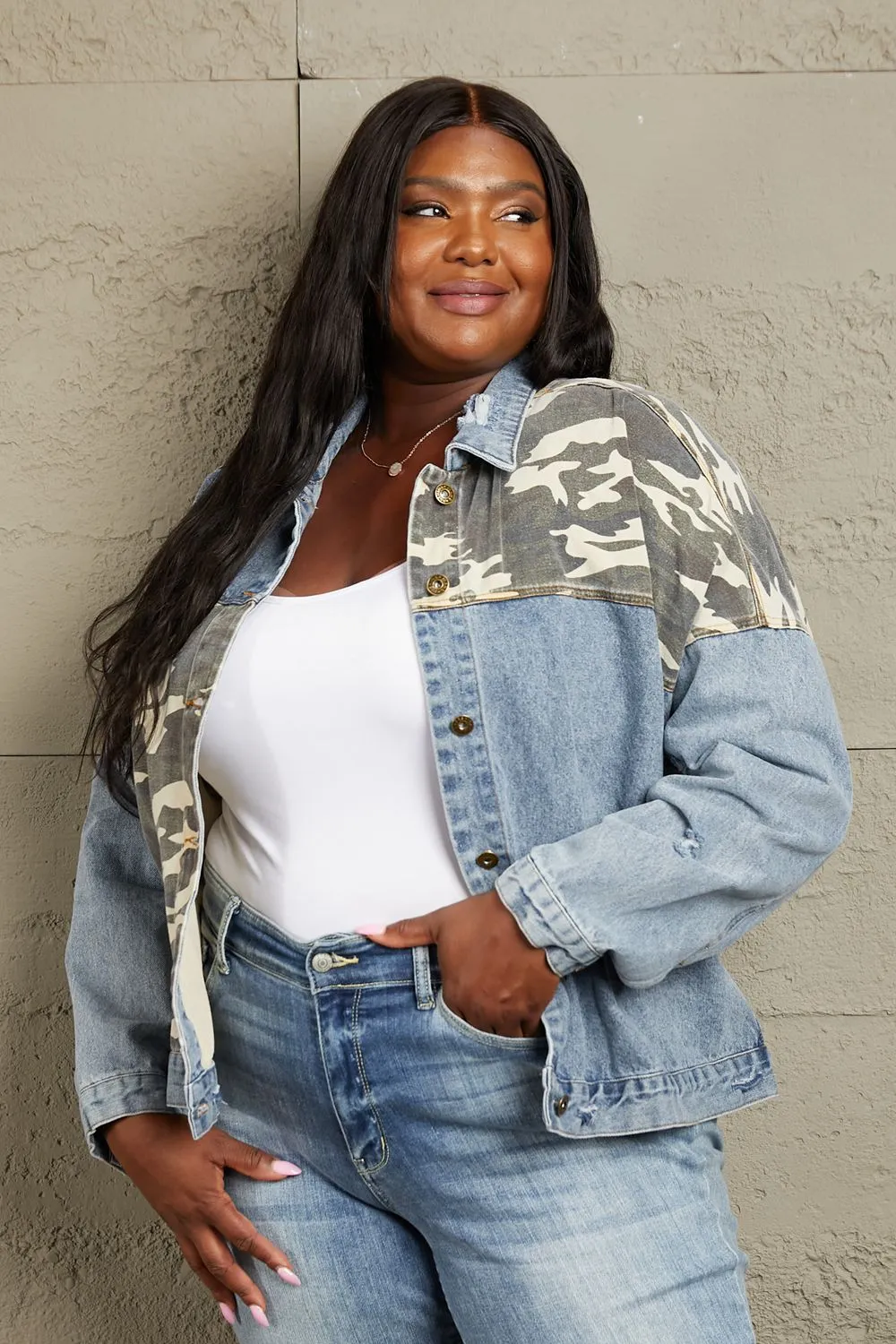 Light Washed Camo Contrast Denim Jacket