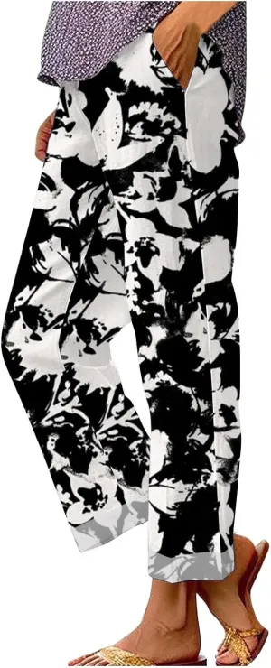 Lightweight Linen Pants Women Floral Cotton Linen Casual Pants Cropped Linen Pants Women Womens Cotton Linen Pants