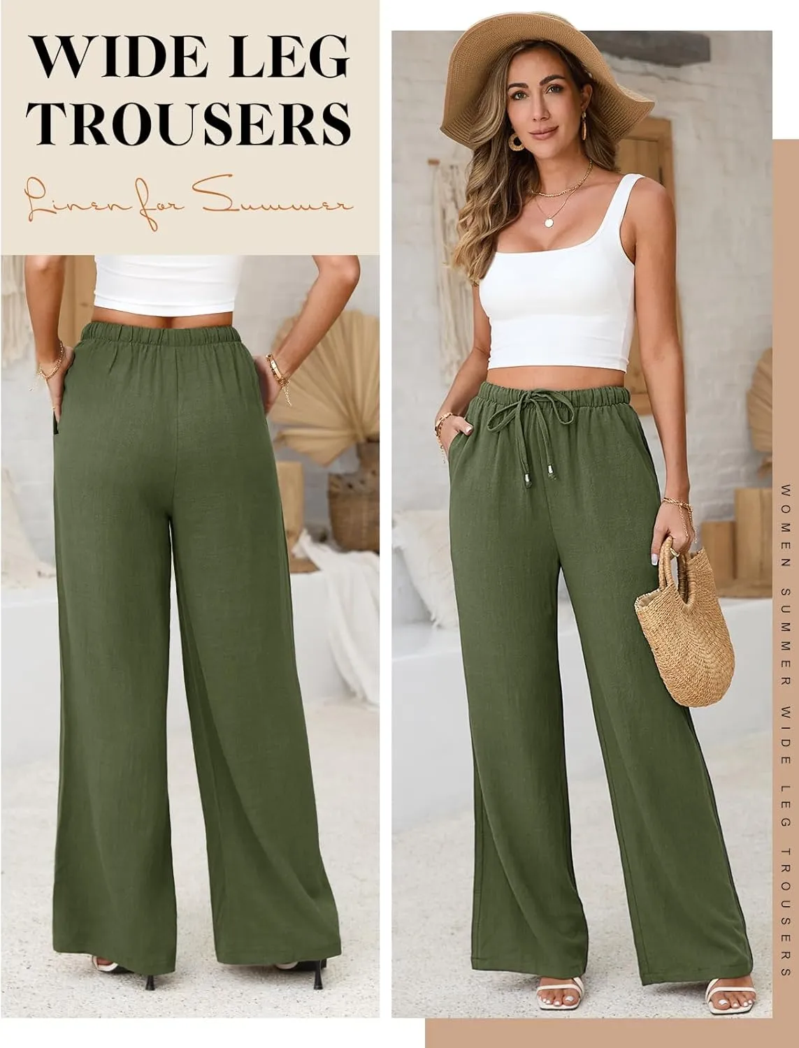 Linen Pants for Women Flowy Palazzo Pants Boho High Waist Wide Leg Trousers Summer Beach Vacation Outfits 2025