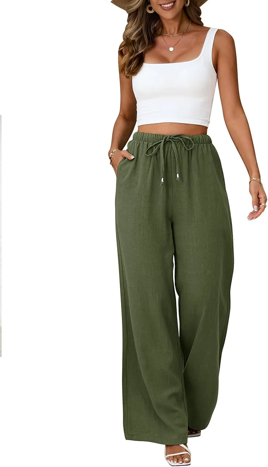 Linen Pants for Women Flowy Palazzo Pants Boho High Waist Wide Leg Trousers Summer Beach Vacation Outfits 2025