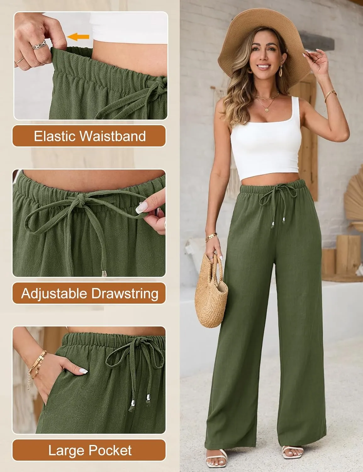 Linen Pants for Women Flowy Palazzo Pants Boho High Waist Wide Leg Trousers Summer Beach Vacation Outfits 2025