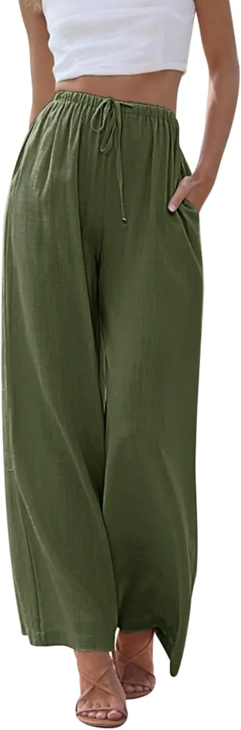 Linen Pants for Women Flowy Palazzo Pants Boho High Waist Wide Leg Trousers Summer Beach Vacation Outfits 2025