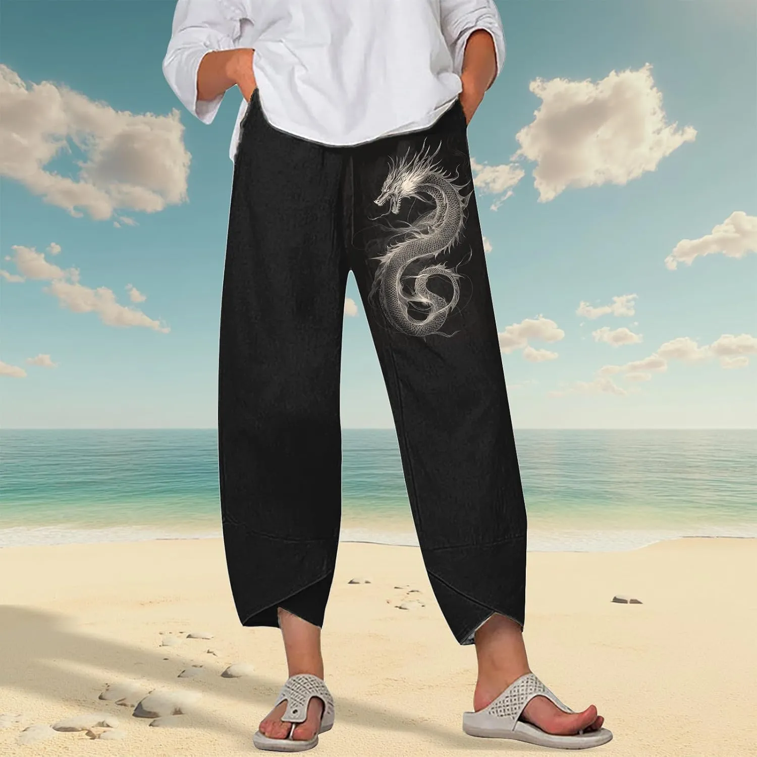 Linen Pants for Women Summer Casual Capri Pants with Pockets Baggy Comfy Wide Leg Trousers Lounge Palazzo Pants