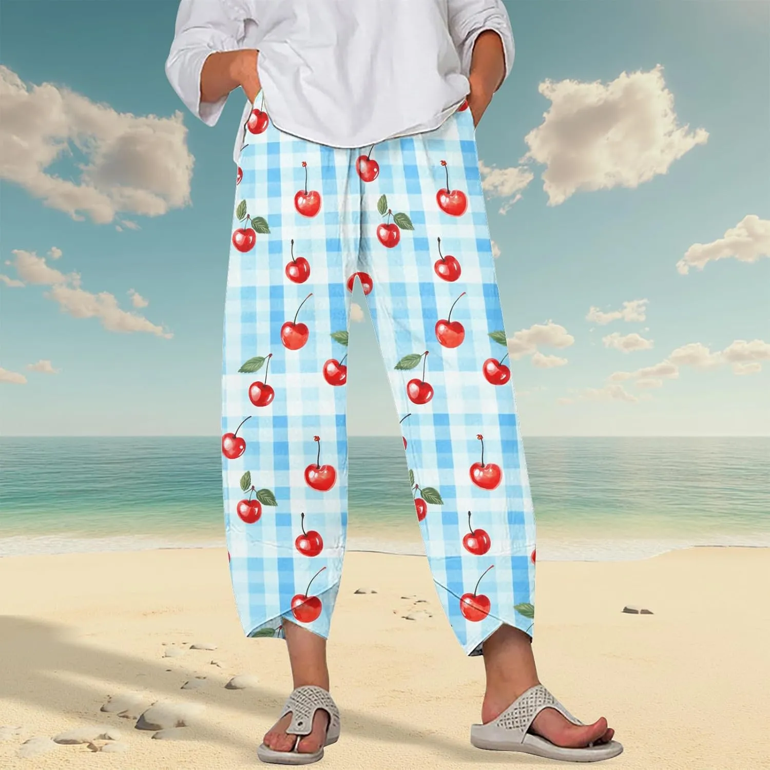 Linen Pants for Women Summer Casual Capri Pants with Pockets Baggy Comfy Wide Leg Trousers Lounge Palazzo Pants