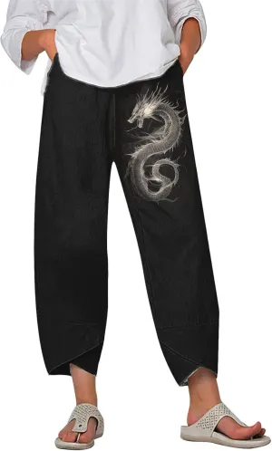 Linen Pants for Women Summer Casual Capri Pants with Pockets Baggy Comfy Wide Leg Trousers Lounge Palazzo Pants