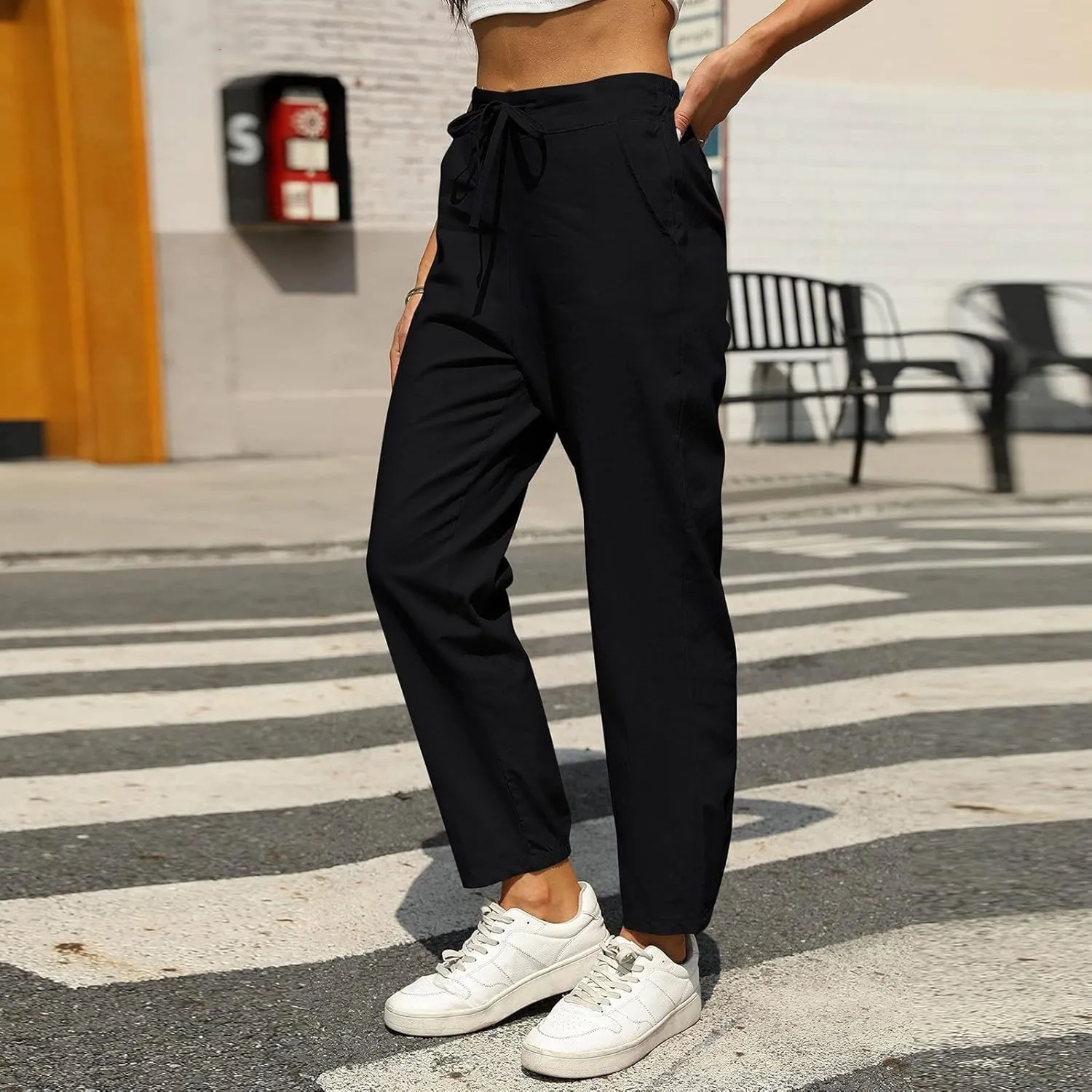 Linen Pants for Women Summer Casual High Waisted Lightweight Beach Pant with Pockets