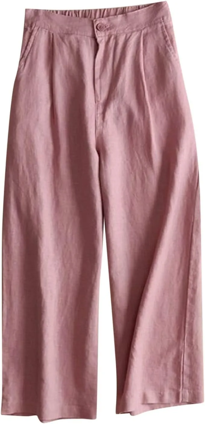 Linen Pants Women Casual Solid 2025 Palazzo High Waisted Lantern Pants with Pocket Comfy Flowy Beach Summer Trousers