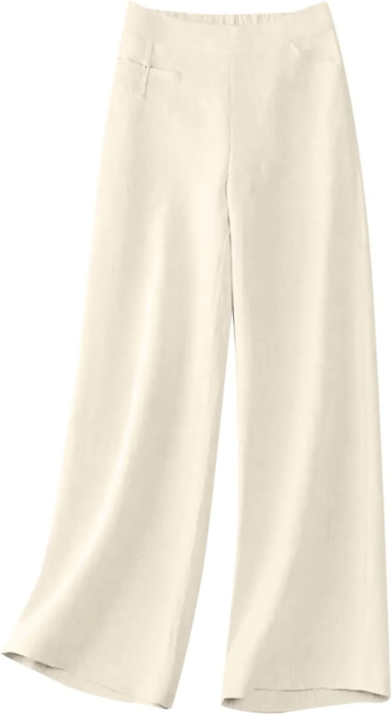 Linen Pants Women Summer Solid High Waisted Cotton Linen Palazzo Pants Wide Leg Long Lounge Trousers with Pockets