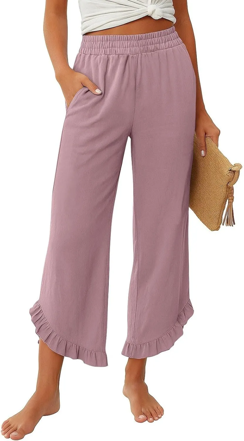 Linen Pants Women Summer Wide Leg Pants Smocked Waist Ruffle Hem Palazzo Pant Boho Flowy Beach Pant with Pockets 2025