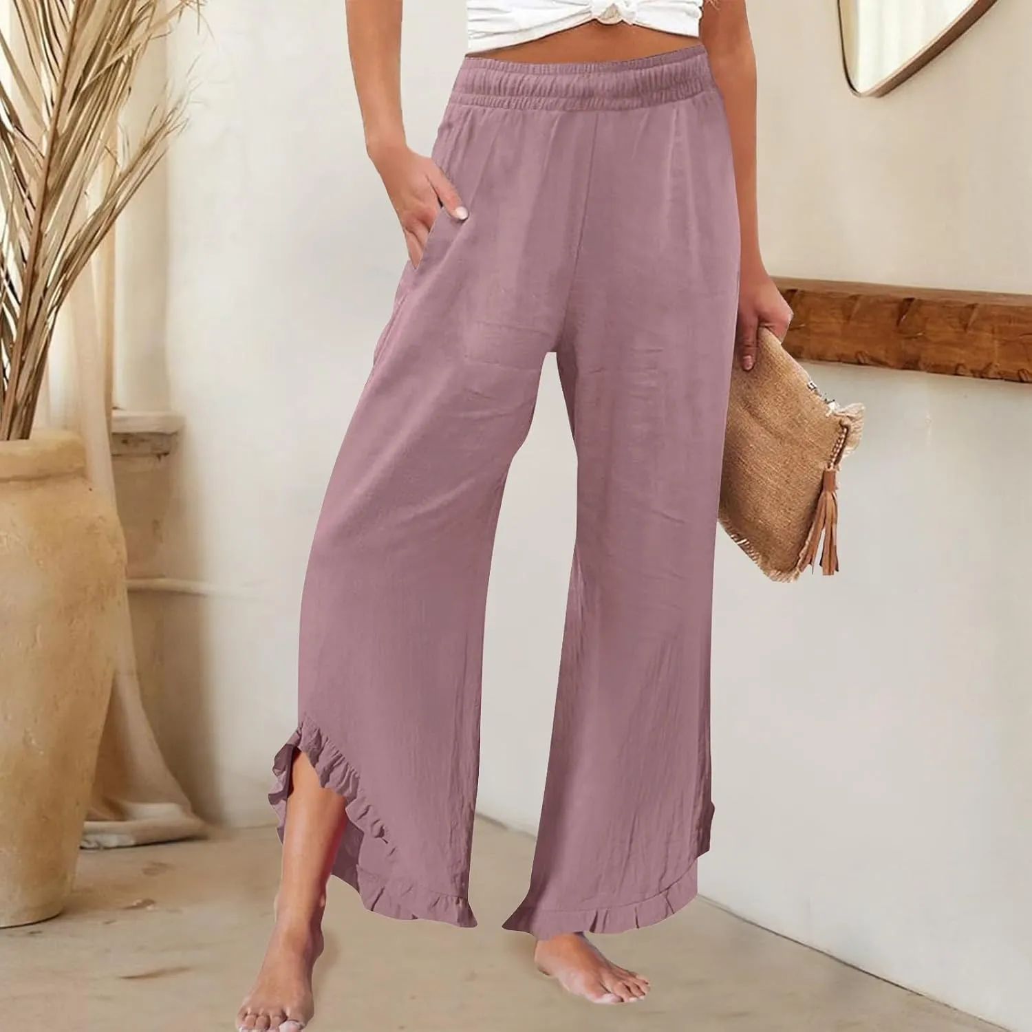 Linen Pants Women Summer Wide Leg Pants Smocked Waist Ruffle Hem Palazzo Pant Boho Flowy Beach Pant with Pockets 2025