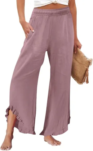 Linen Pants Women Summer Wide Leg Pants Smocked Waist Ruffle Hem Palazzo Pant Boho Flowy Beach Pant with Pockets 2025