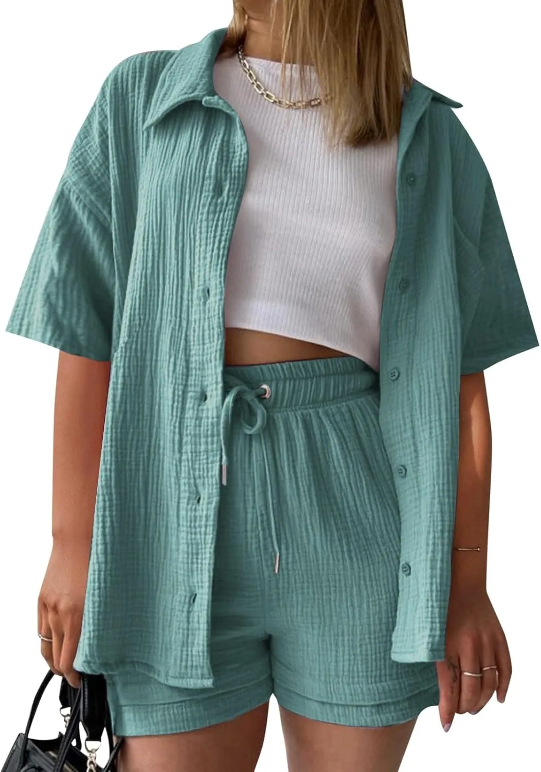 Linen Set for Women Plus Size Cotton Linen Shirt and Drawstring Shorts Set Summer Tracksuits Track Suits Sweat Suit