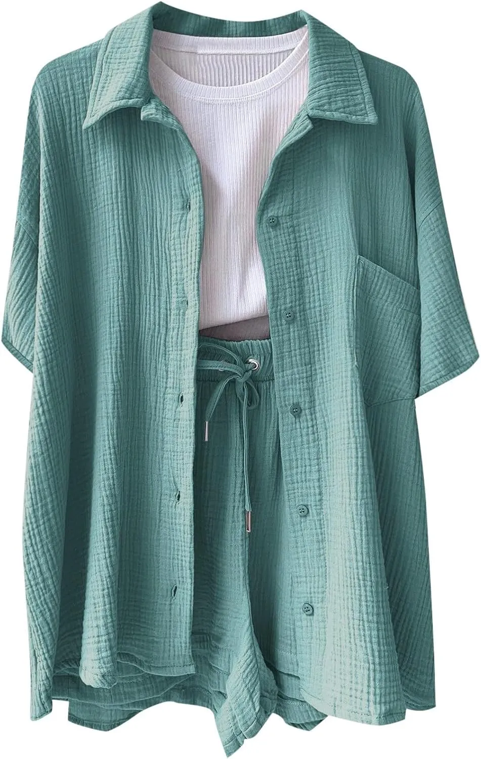Linen Set for Women Plus Size Cotton Linen Shirt and Drawstring Shorts Set Summer Tracksuits Track Suits Sweat Suit