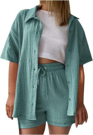 Linen Set for Women Plus Size Cotton Linen Shirt and Drawstring Shorts Set Summer Tracksuits Track Suits Sweat Suit