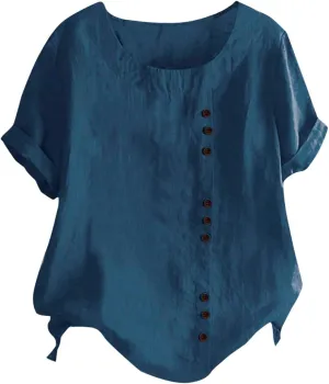 Linen Shirts for Women 2025 Summer Cotton Linen Tops Loose Fit Casual Roll Up Short Sleeve T-Shirt Trendy Blouse