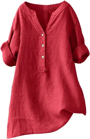Linen Shirts for Women 2025 Summer Trendy 3/4 Sleeve V Neck Bohemian Peasant Blouses Casual Loose Fit Tunic Tops