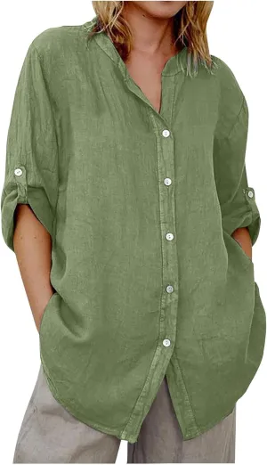 Linen Shirts for Women 3/4 Roll Up Sleeve Casual Loose Fit Button Down Boyfriend Blouses Beach Vacation Tunic Tops