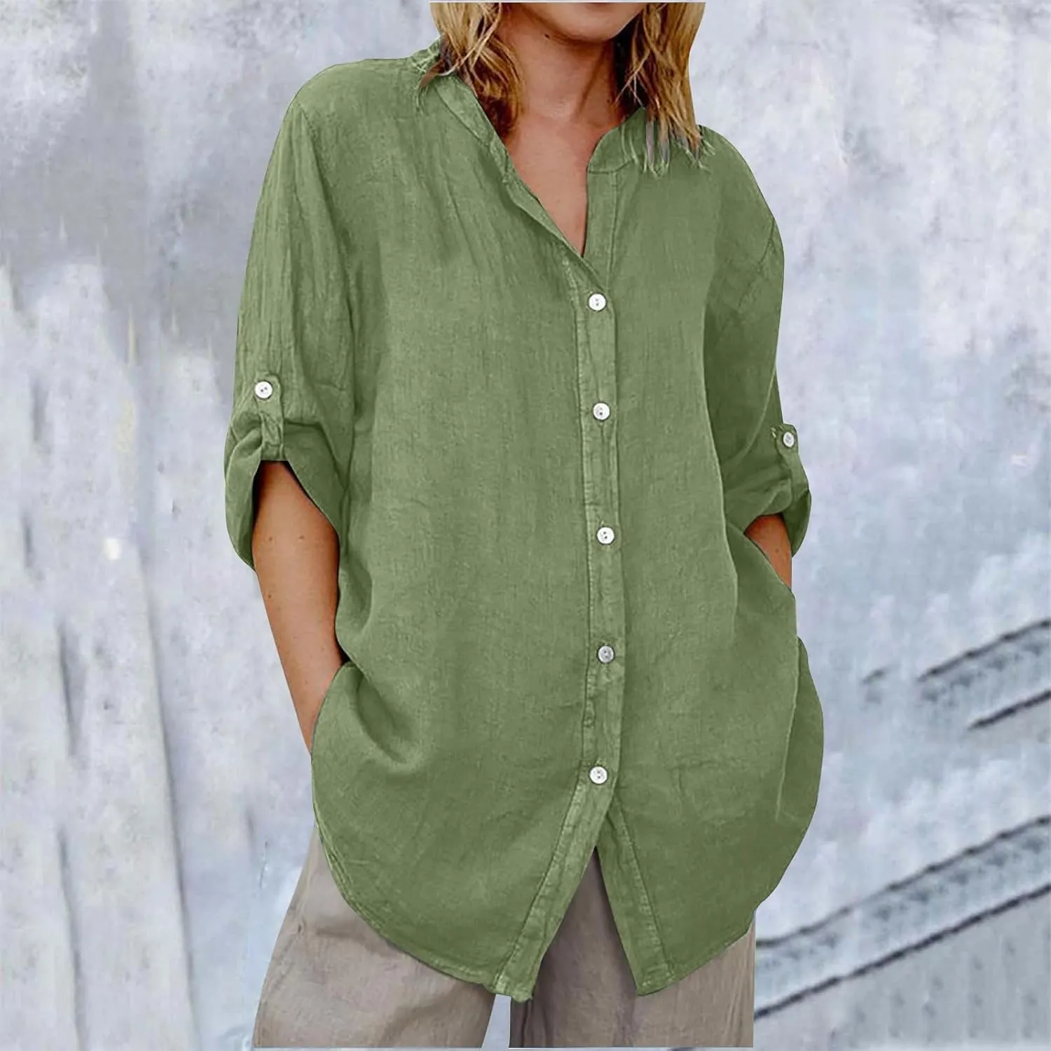 Linen Shirts for Women 3/4 Roll Up Sleeve Casual Loose Fit Button Down Boyfriend Blouses Beach Vacation Tunic Tops