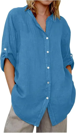 Linen Shirts for Women 3/4 Roll Up Sleeve Casual Loose Fit Button Down Boyfriend Blouses Beach Vacation Tunic Tops