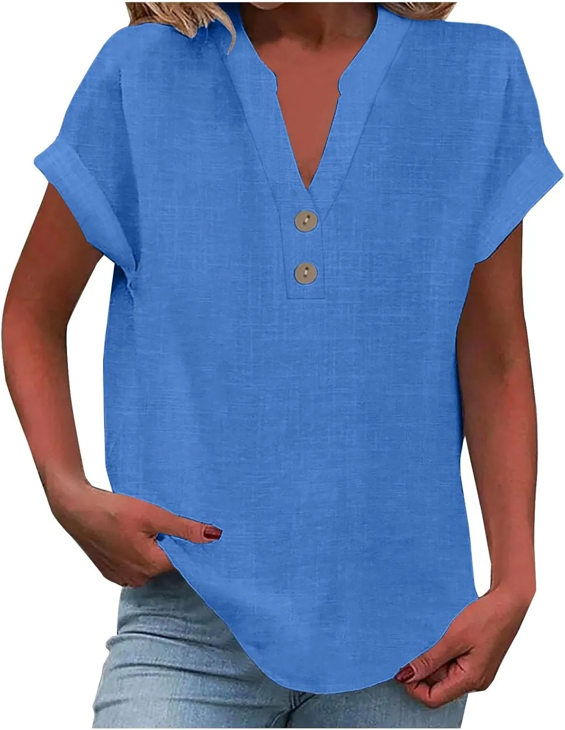Linen Shirts for Women Button Up Shirt Short Sleeve Tops Roll Up Loose Fit T Shirts V-Neck Summer Casual Work Blouse