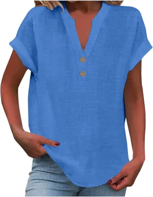 Linen Shirts for Women Button Up Shirt Short Sleeve Tops Roll Up Loose Fit T Shirts V-Neck Summer Casual Work Blouse