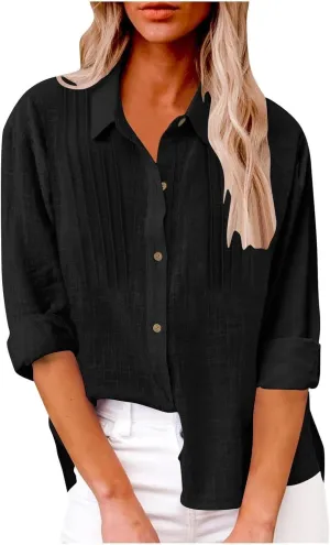 Linen Shirts for Women Plus Size Button Down Cotton Gauze Tops Casual Tees Roll Up Long Sleeve Lapel Collar Blouses