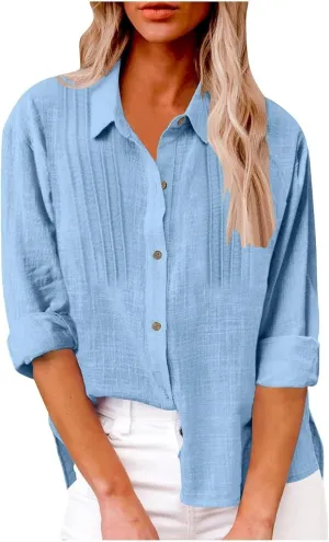 Linen Shirts for Women Plus Size Button Down Cotton Gauze Tops Casual Tees Roll Up Long Sleeve Lapel Collar Blouses