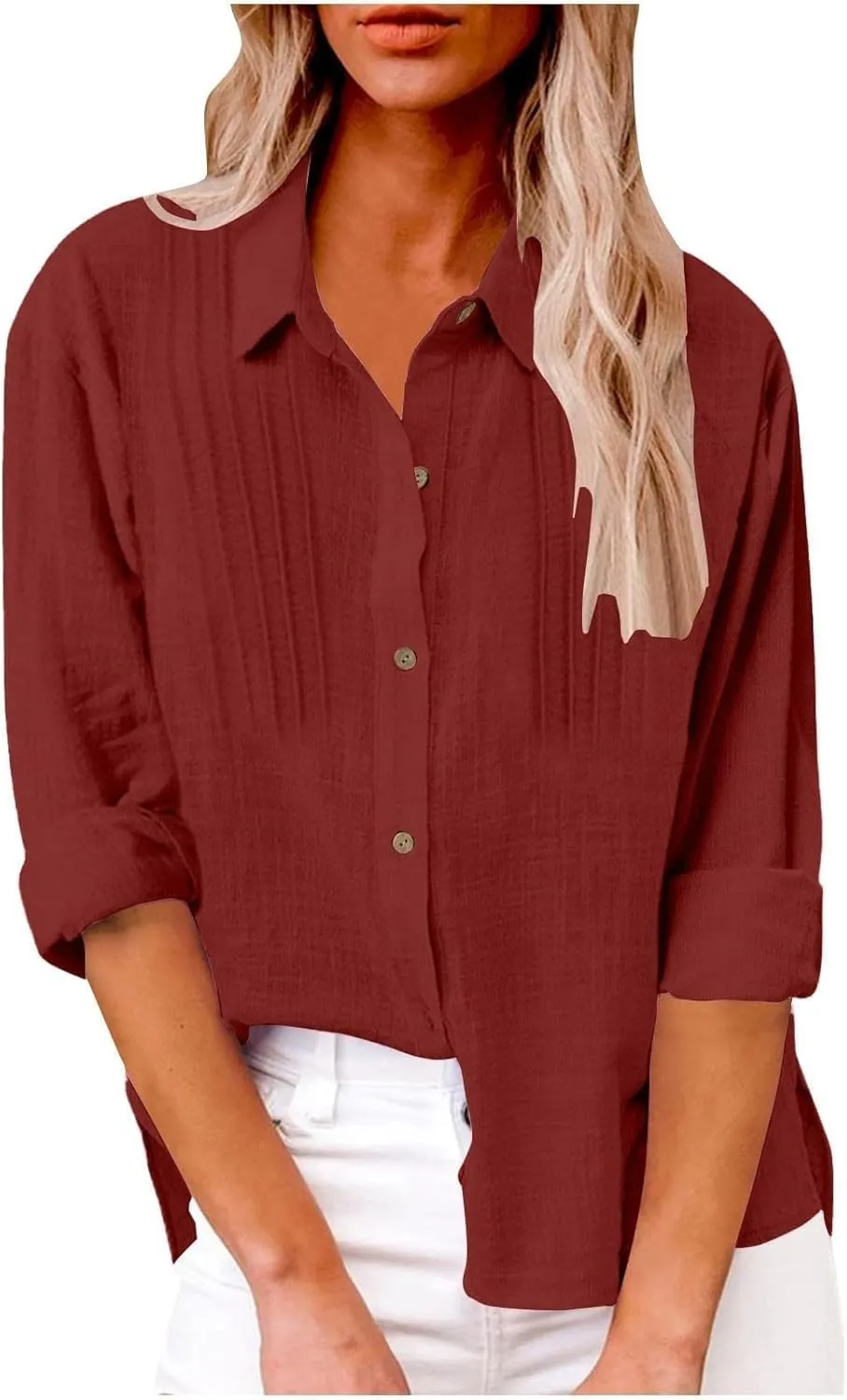 Linen Shirts for Women Plus Size Button Down Cotton Gauze Tops Casual Tees Roll Up Long Sleeve Lapel Collar Blouses