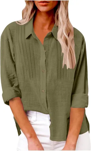 Linen Shirts for Women Plus Size Button Down Cotton Gauze Tops Casual Tees Roll Up Long Sleeve Lapel Collar Blouses