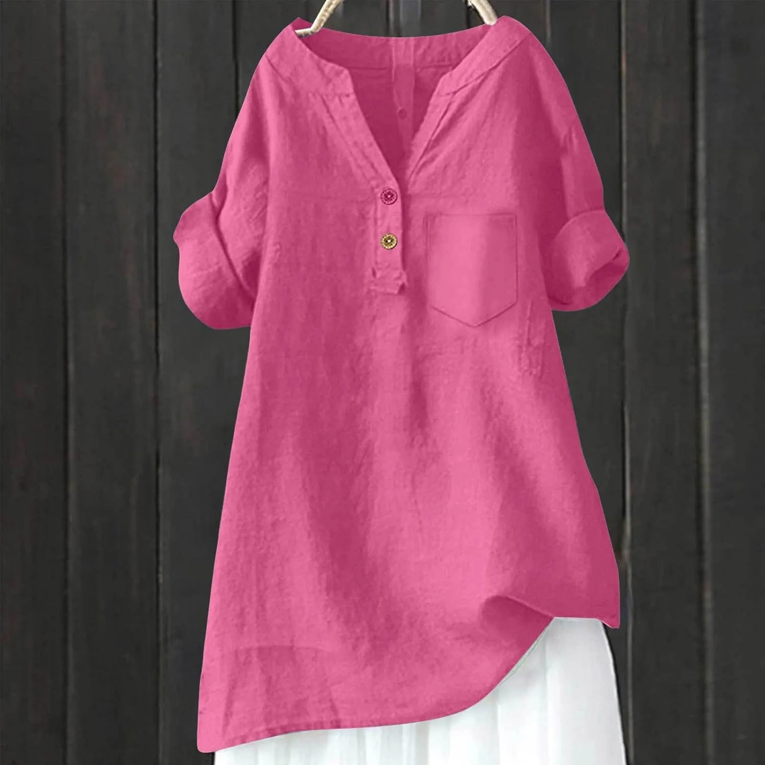 Linen Shirts for Women Plus Size Summer Loose Fit Button Down Shirts Roll Up Sleeve Tops Cotton Linen Work Blouses