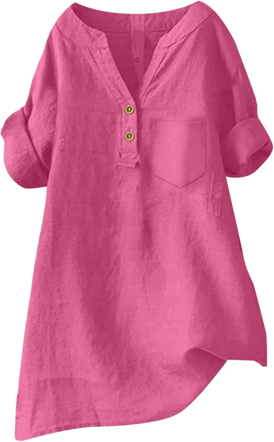 Linen Shirts for Women Plus Size Summer Loose Fit Button Down Shirts Roll Up Sleeve Tops Cotton Linen Work Blouses