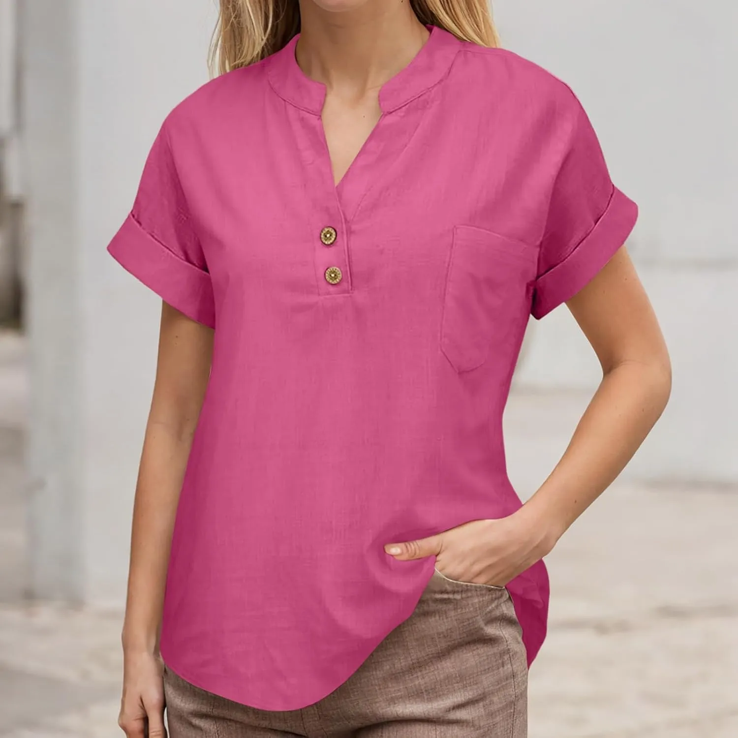 Linen Shirts for Women Plus Size Summer Loose Fit Button Down Shirts Roll Up Sleeve Tops Cotton Linen Work Blouses