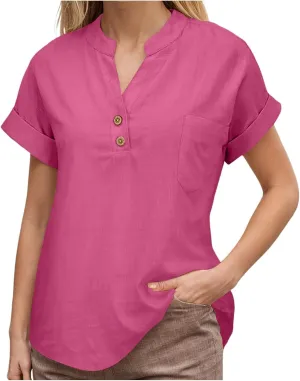Linen Shirts for Women Plus Size Summer Loose Fit Button Down Shirts Roll Up Sleeve Tops Cotton Linen Work Blouses