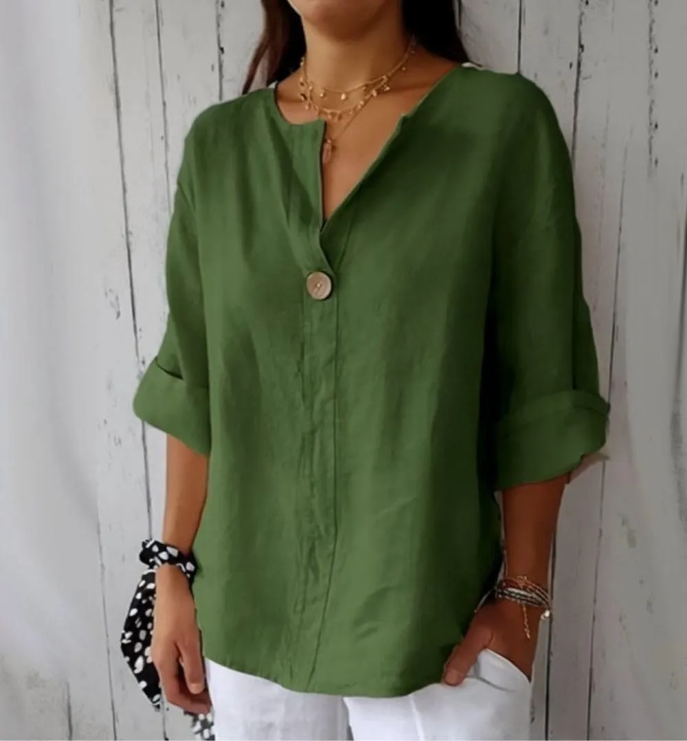 Linen Shirts for Women Summer Cotton Linen V Neck 3/4 Sleeve Tops Loose Vacation Beach Solid Blouses Tunic Tops