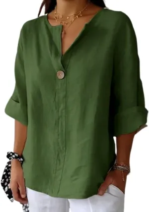Linen Shirts for Women Summer Cotton Linen V Neck 3/4 Sleeve Tops Loose Vacation Beach Solid Blouses Tunic Tops