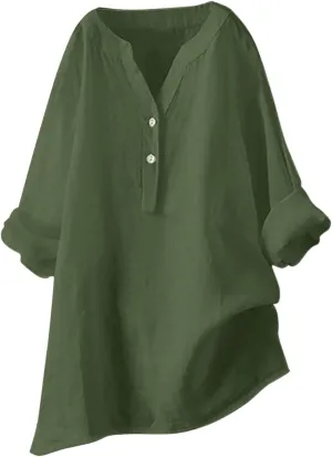 Linen Shirts for Women Summer Trendy Cotton Roll-Up Sleeve Shirts Dressy Casual Button V Neck Blouse Loose Gauze Top