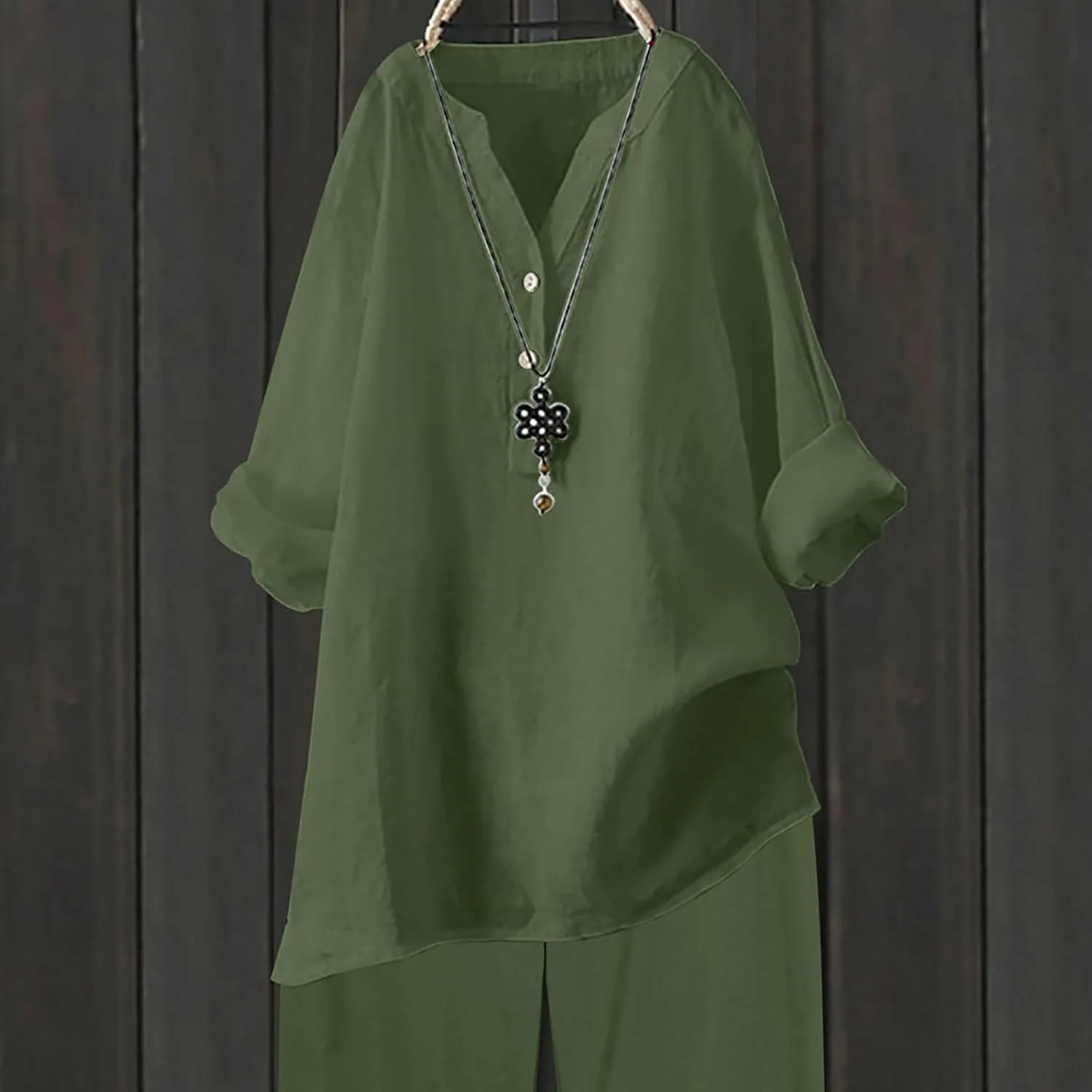 Linen Shirts for Women Summer Trendy Cotton Roll-Up Sleeve Shirts Dressy Casual Button V Neck Blouse Loose Gauze Top