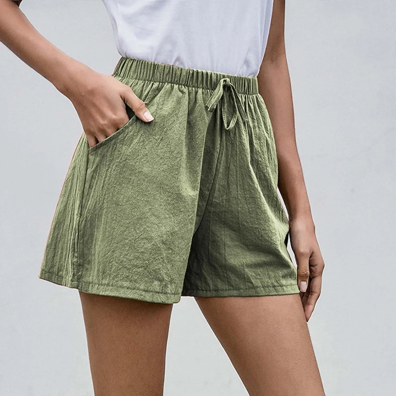 Linen Shorts for Women Dressy Elastic High Waisted Lightweight Casual Summer Shorts Drawstring Beach Vacation Outfit