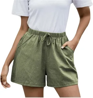 Linen Shorts for Women Dressy Elastic High Waisted Lightweight Casual Summer Shorts Drawstring Beach Vacation Outfit