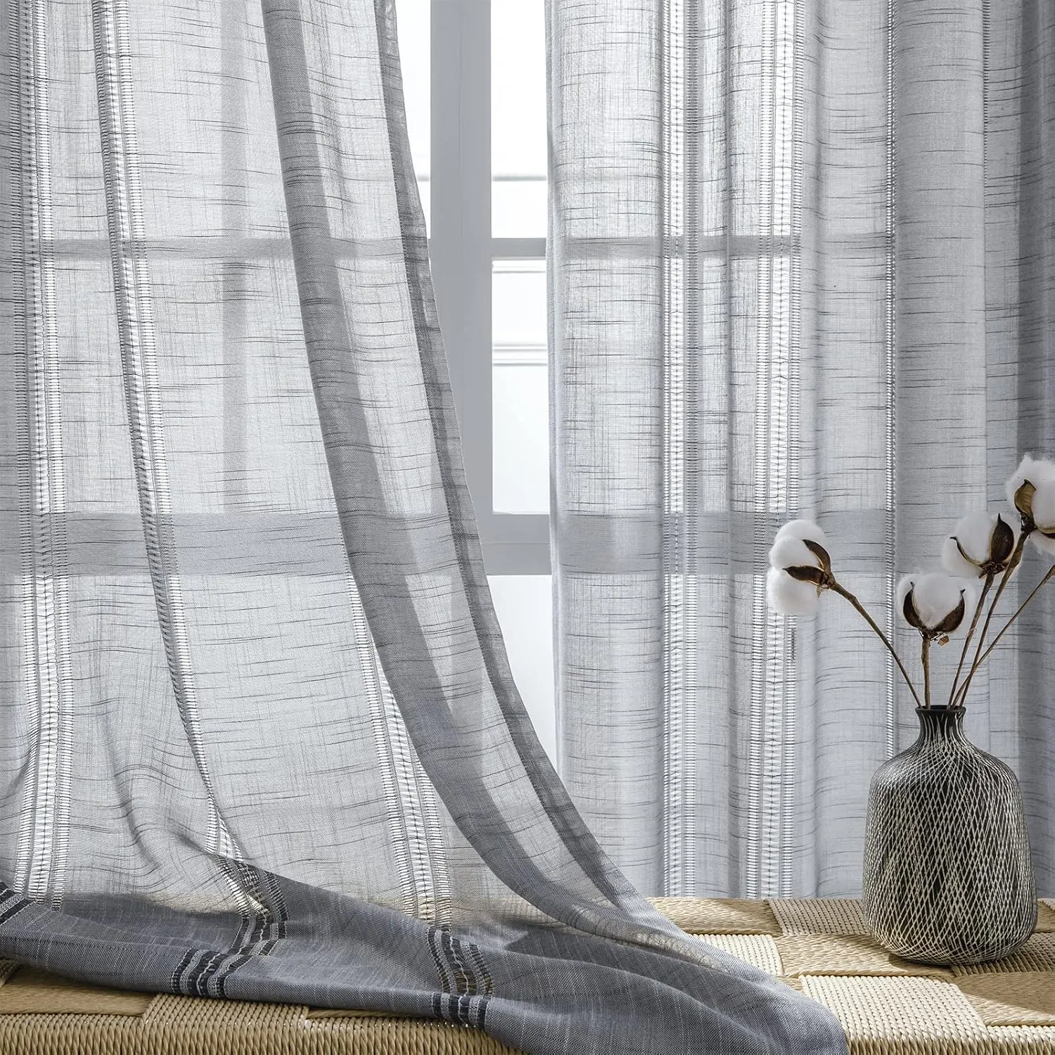 Linen Textured Semi Sheer Curtains for Living Room,Natural Privacy Window Drapes Pair for Office Bedroom,2 Panels,52" W x 84" L,Grey