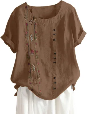 Linen Tops for Women Floral Embroidery Button Down Plus Size Tops Crew Neck Short Sleeve Cotton Blend Tee Shirts