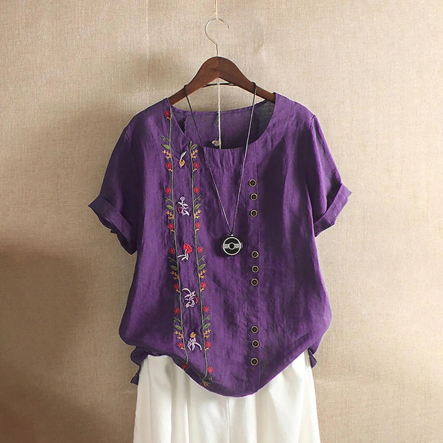 Linen Tops for Women Floral Embroidery Button Down Plus Size Tops Crew Neck Short Sleeve Cotton Blend Tee Shirts
