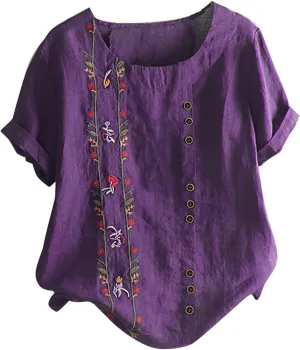 Linen Tops for Women Floral Embroidery Button Down Plus Size Tops Crew Neck Short Sleeve Cotton Blend Tee Shirts