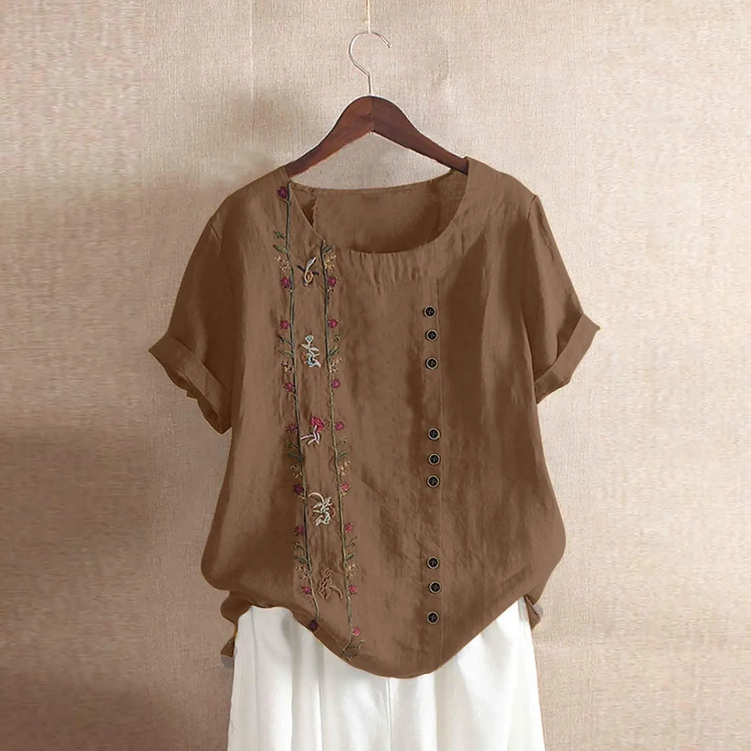 Linen Tops for Women Floral Embroidery Button Down Plus Size Tops Crew Neck Short Sleeve Cotton Blend Tee Shirts