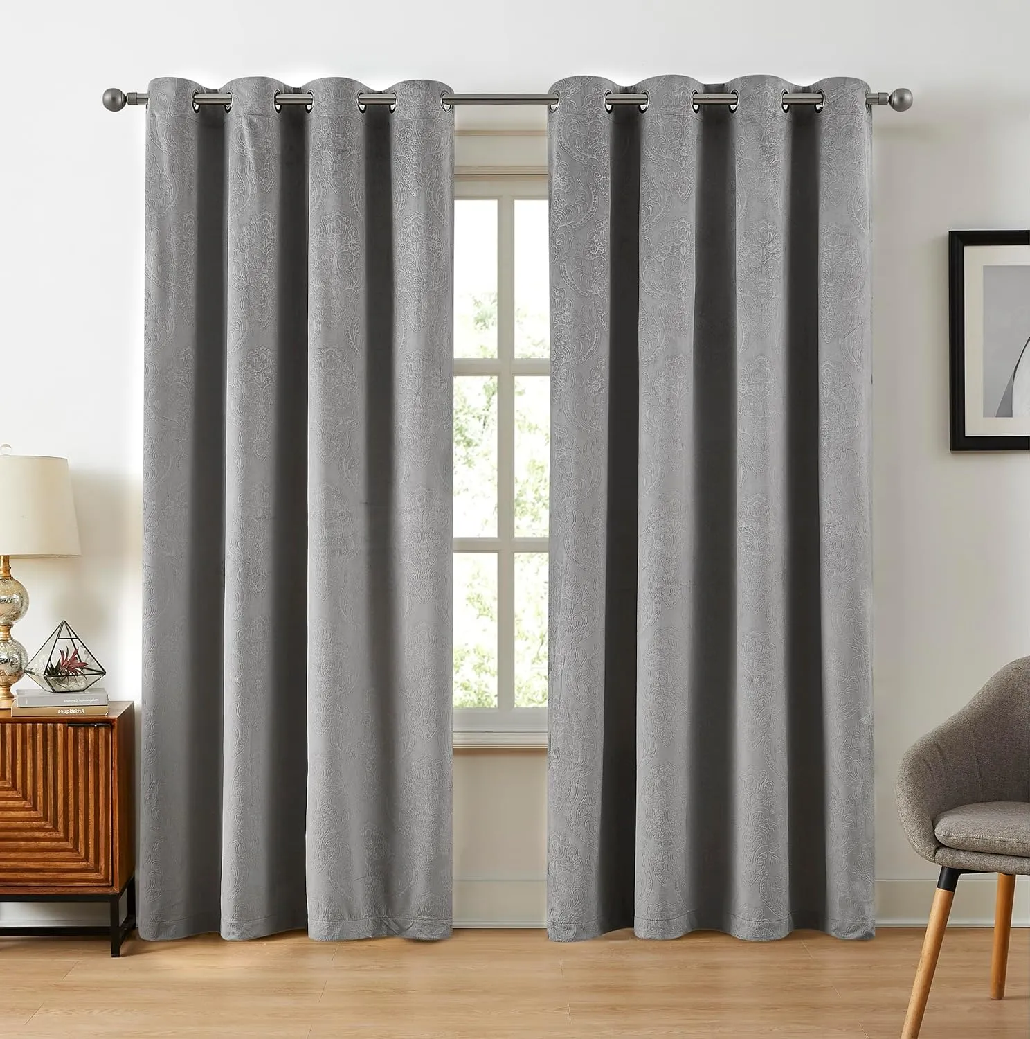 LinenZone Velvet Curtains with Elegant Embossed Design. 96 Inch Velvet Gray Curtains are Perfect as Bedroom Curtains, Room Darkening Curtains or Privacy Curtain Panels. (Verona 54 x 96 Silver)