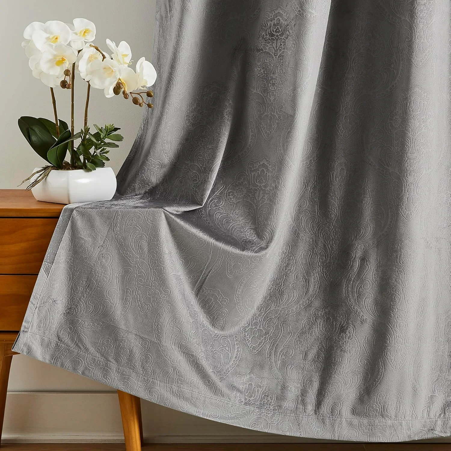 LinenZone Velvet Curtains with Elegant Embossed Design. 96 Inch Velvet Gray Curtains are Perfect as Bedroom Curtains, Room Darkening Curtains or Privacy Curtain Panels. (Verona 54 x 96 Silver)