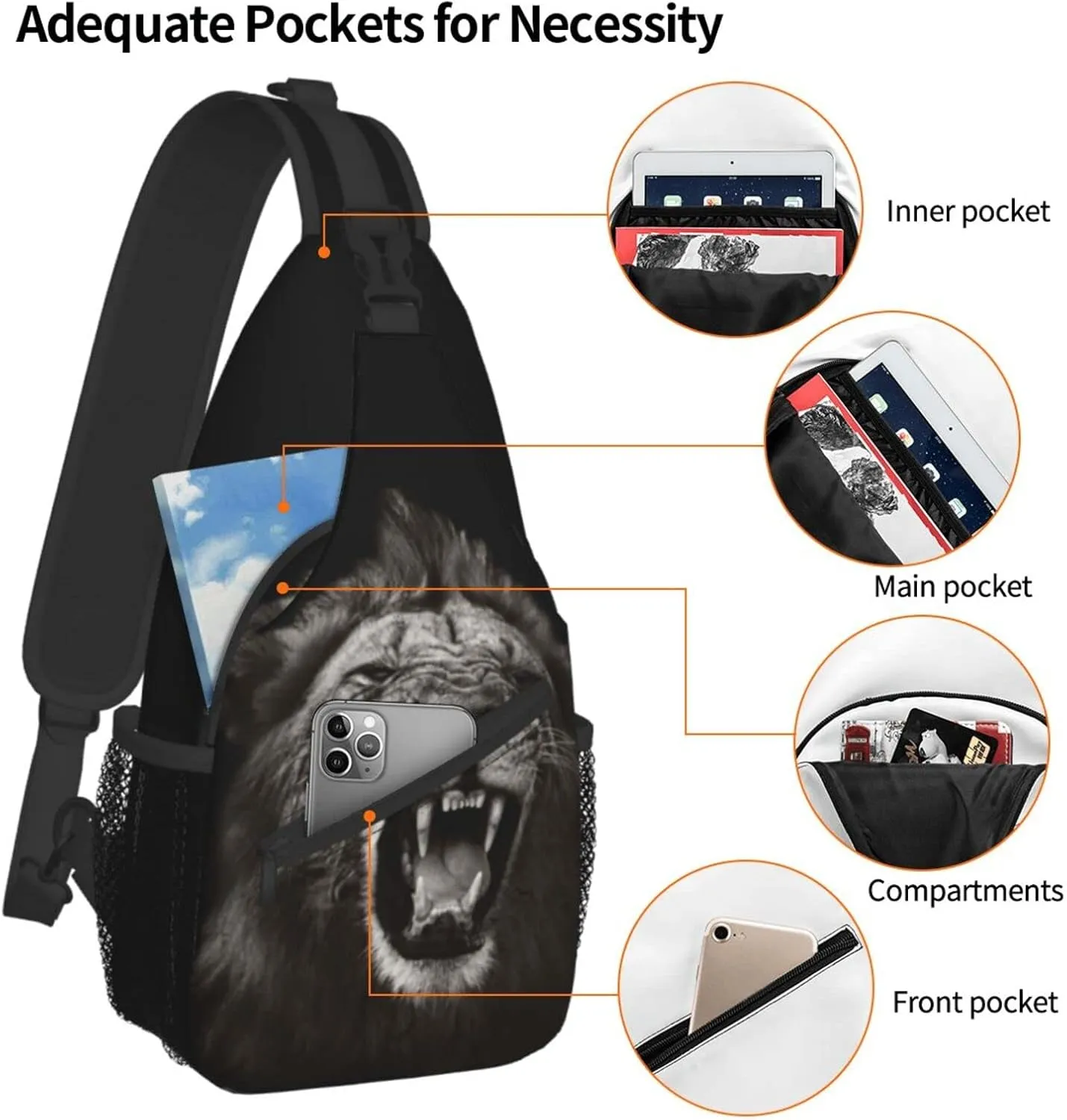Lion Sling Bag Animal Crossbody Chest Daypack Casual Backpack Men Shoulder Bag For Travel Picnic